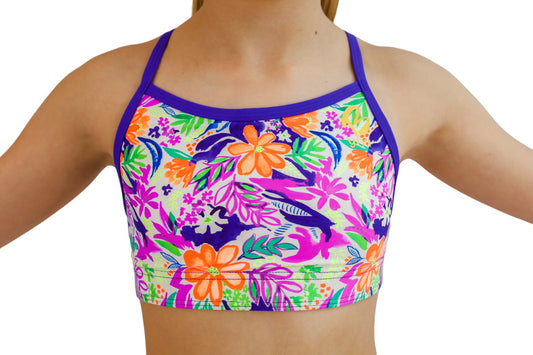 Tropical Sports Bra and Bikini Top for Girls with Thin Straps and Cross Back. Swimwear for girls, Activewear, Crop Top, Bikinis, Separates, Swimsuit, Swimwear, Togs, Swimming, Two Piece, Gymnastics Leotards, Sports Bra, Purple Straps