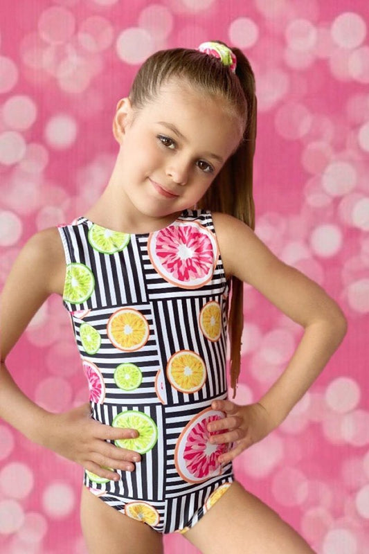 Citrus Gymnastics Leotard Australia USA UK NZ Pink orange Green Limes Oranges Grapefruit Black and white striped Dance wear