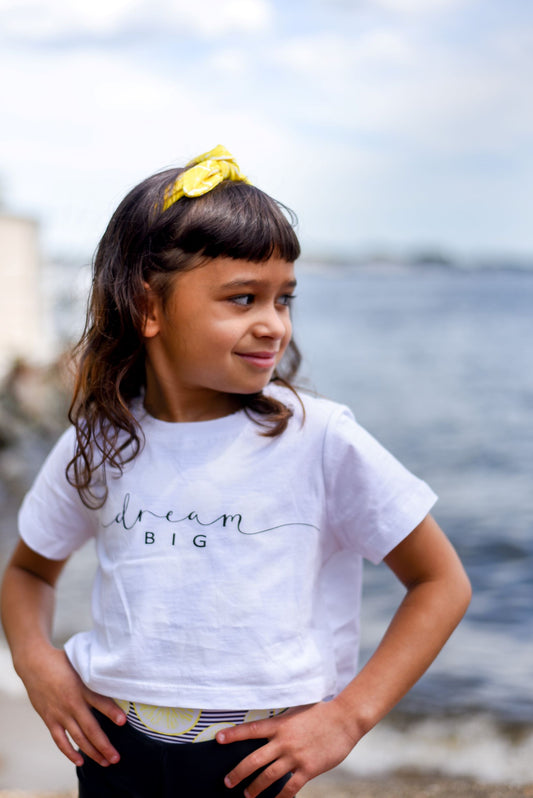 White Cropped T shirt with black writing Dream Big Gymnastics Leotard Australia, USA, UK, NZ