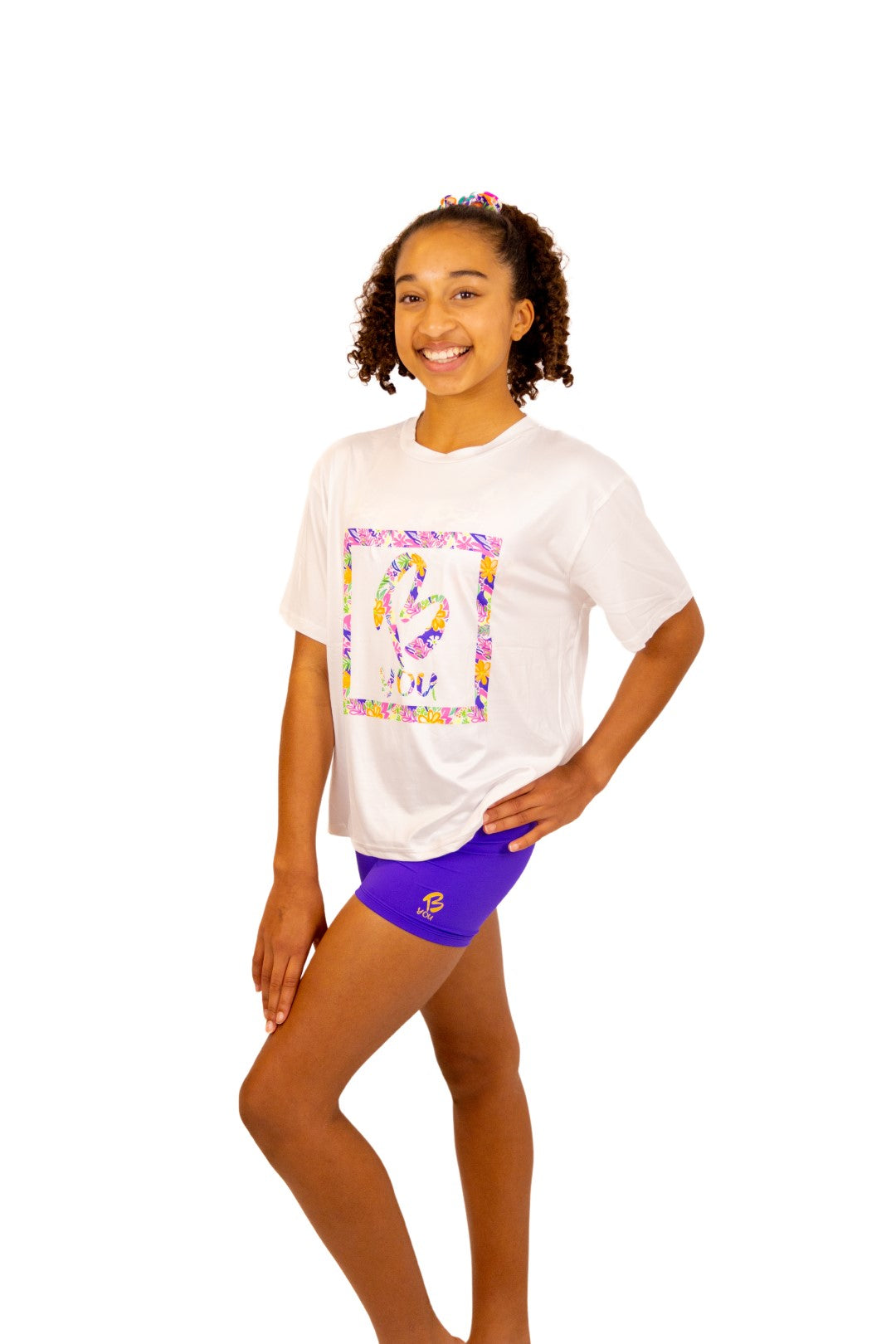 Soft Cropped White T Shirt for Girls. Tropical Print with B you Logo on a White Background. Activewear for Girls, Gymnastics wear, girls clothing, leotards. Girls Sports Clothing. B you Active, B you leotards, B you Swimwear.