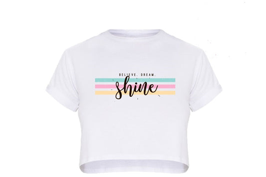 White Cropped T shirt Tee with rainbow Believe Dream Shine stripes Gymnastics Leotard Australia, USA, UK, NZ